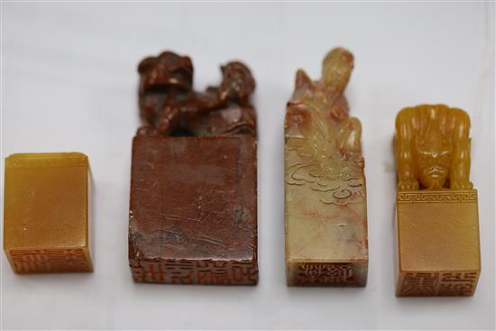 Six Chinese soapstone seals, H. 2.8 - 12.8cm